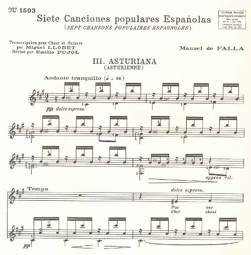 【楽譜】ファリャ：7つのスペイン民謡（歌とギター）より3. アストリアーナ［リョベート編曲プジョール校訂］
